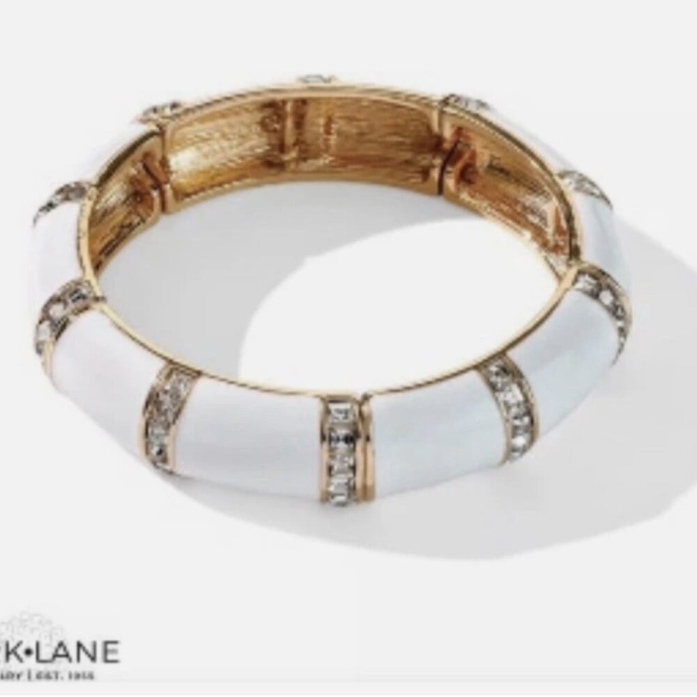 Park Lane BOMBSHELL Stretch Bangle Bracelet White Enamel, Gold Tone with CZs NWT
